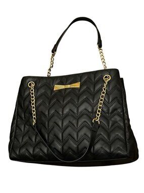 Betsy Johnson Quilted Black Chevron Tote With Gold Chain Straps & Floral Interio